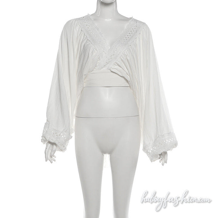 Long sleeve v neck ruched hollow out crop top