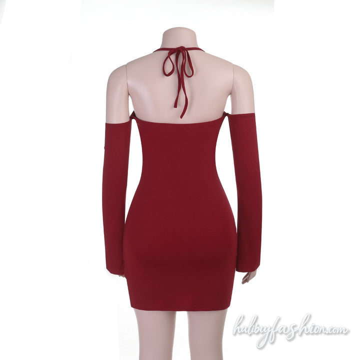 Halter self tie off shoulder long sleeve mini dress