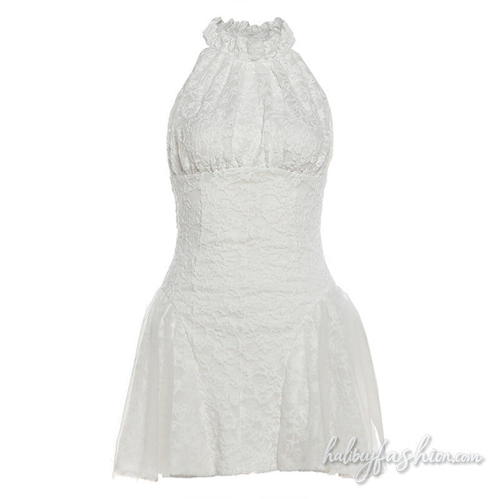 Lace zip-up ruched solid mini dress