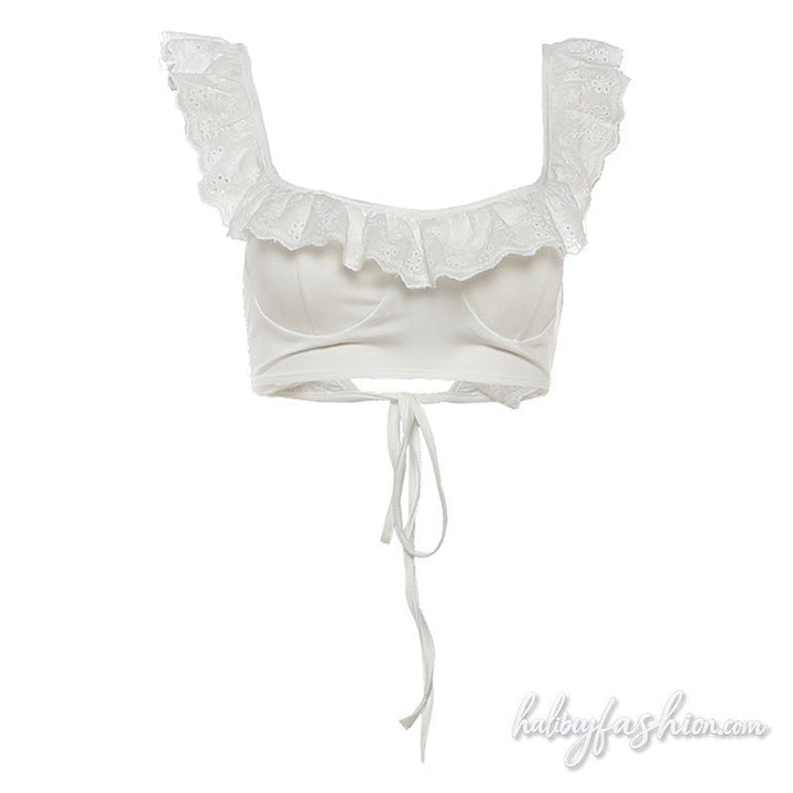 Ruffle u neck sleeveless self tie backless top