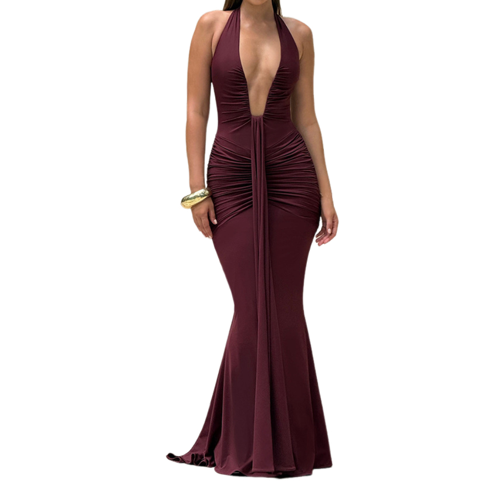 Deep v neck ruched backless maxi dress  | Festival Outfits Women