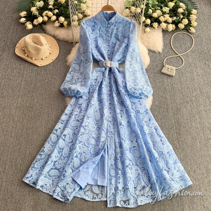 Long sleeve button lace maxi dress