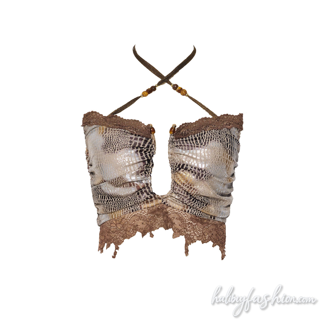 Snakeskin print cross front ruched lace hem top
