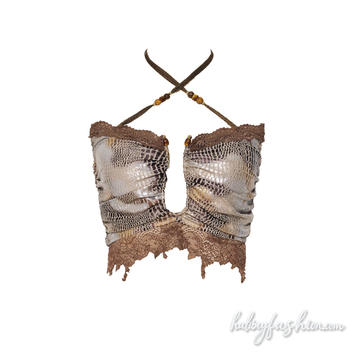 Snakeskin print cross front ruched lace hem top