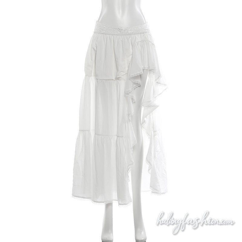 Irregular ruched lace hem slit solid maxi skirt