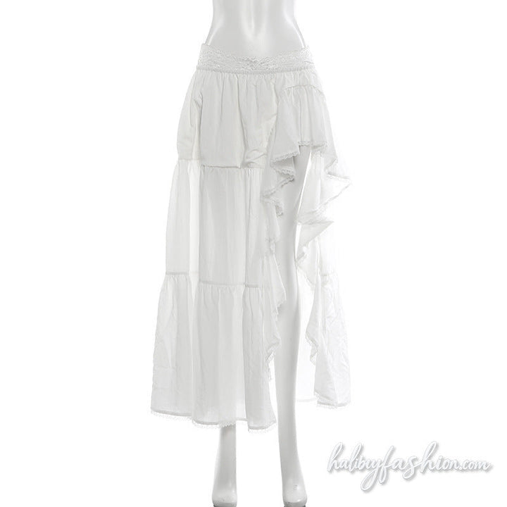 Irregular ruched lace hem slit solid maxi skirt