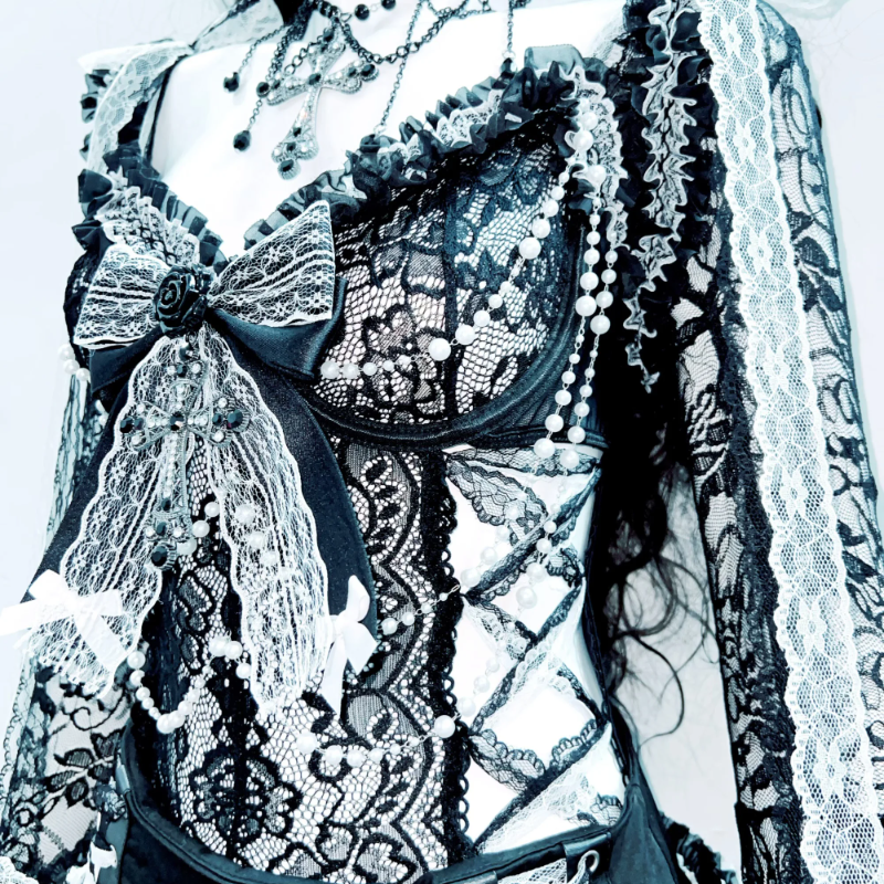 Bowknot long flared sleeve lace flower applique mini skirt set  | Festival Outfits Women