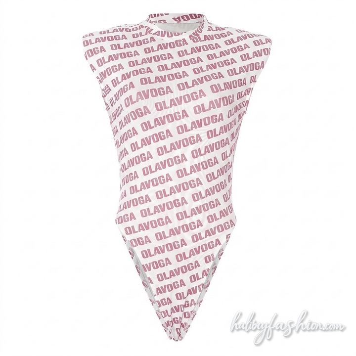 Crewneck letter print button sleeveless bodysuit - Halibuy - 2