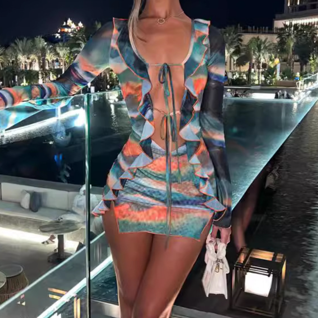 Long sleeve ruffle contrast slit mesh mini skirt set  | Festival Outfits Women