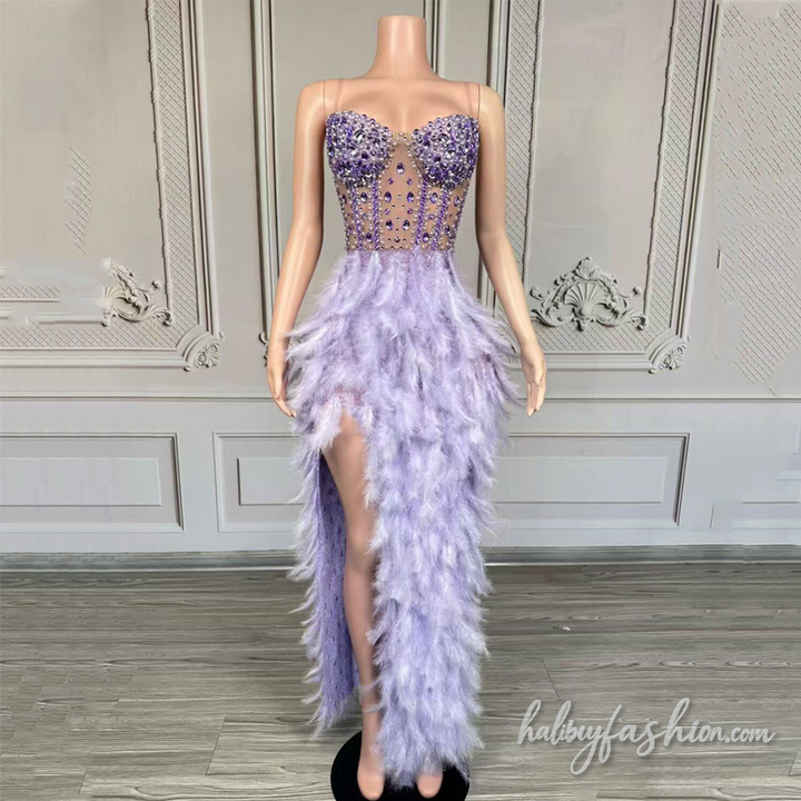 Feather slit beaded irregular backless maxi dress