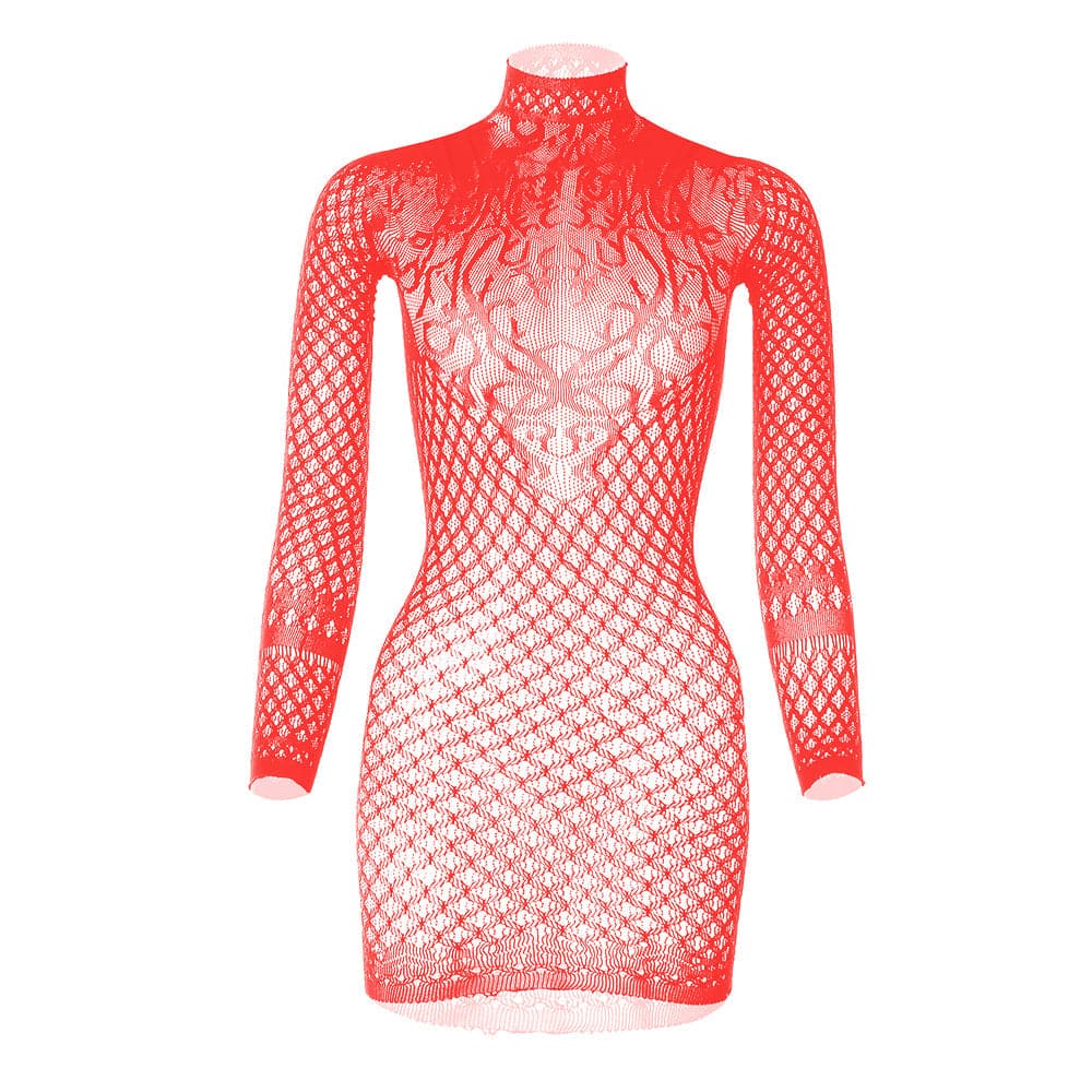 Long sleeve high neck net backless mini dress  | Festival Outfits Women