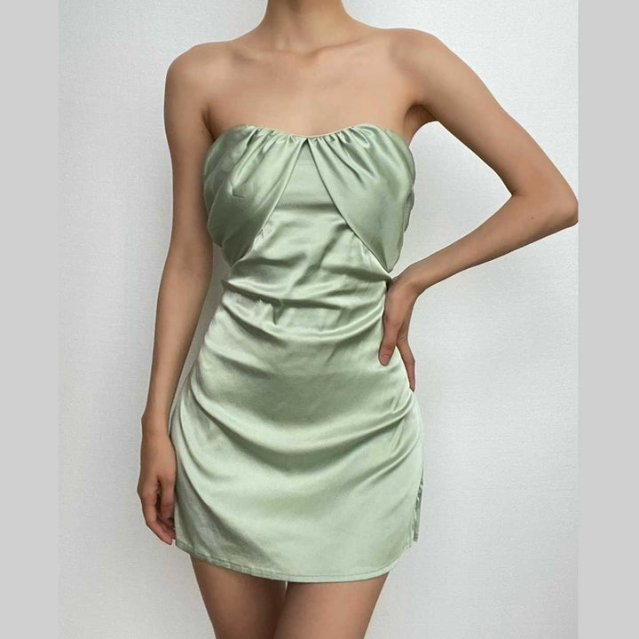 Patchwork slit ruched backless sleeveless tube mini dress-final-sale  | Festival Outfits Women