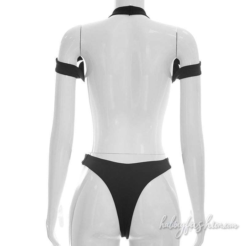 Hollow out v neck halter button solid bodysuit