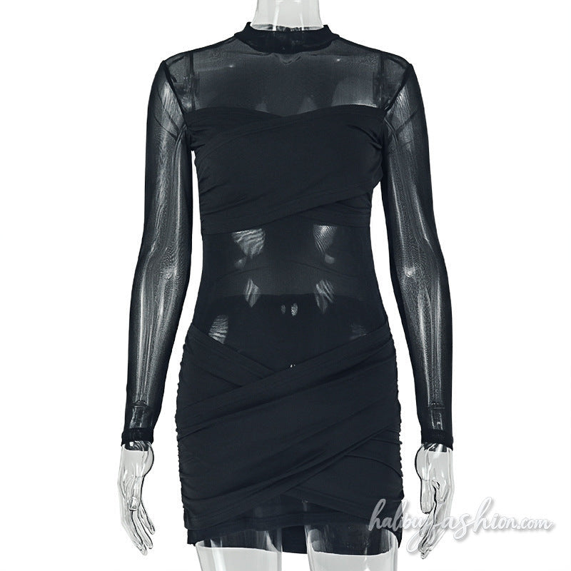 Long sleeve crewneck ruched mesh solid mini dress - Halibuy - 3