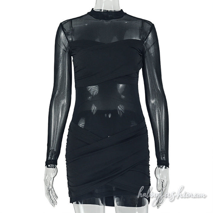 Long sleeve crewneck ruched mesh solid mini dress - Halibuy - 3