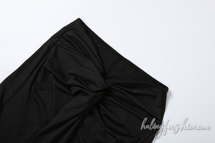 Hollow out one shoulder ruched slit maxi skirt set