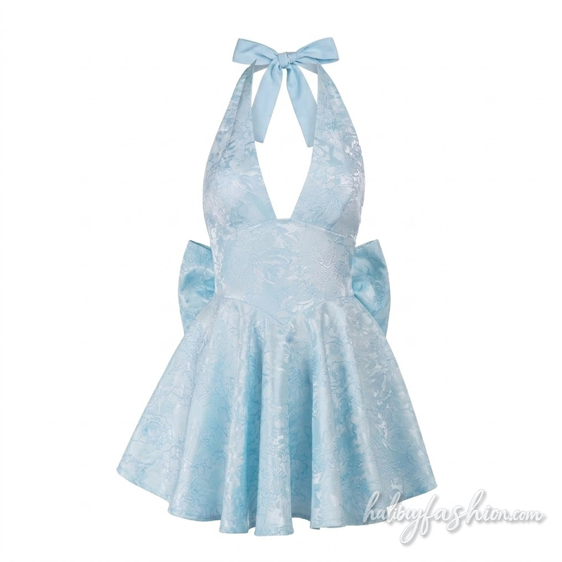 Halter self tie bowknot v neck print mini dress