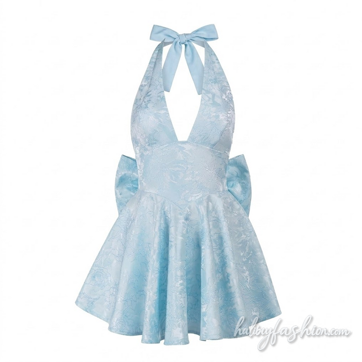 Halter self tie bowknot v neck print mini dress
