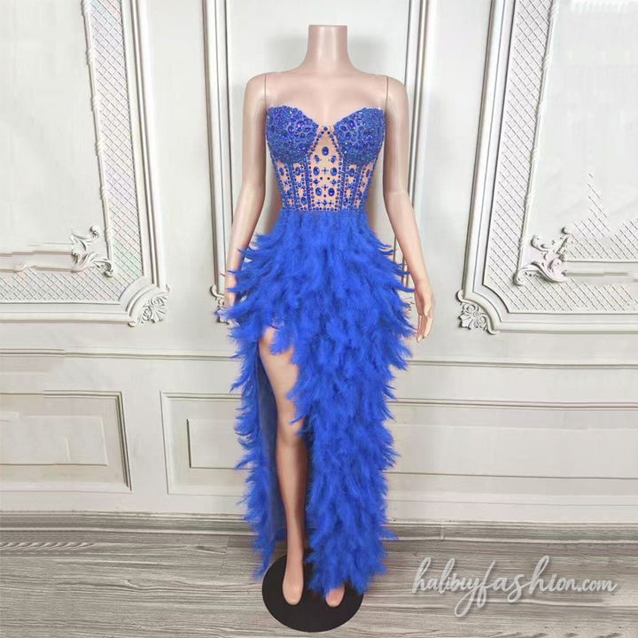 Feather slit beaded irregular backless maxi dress