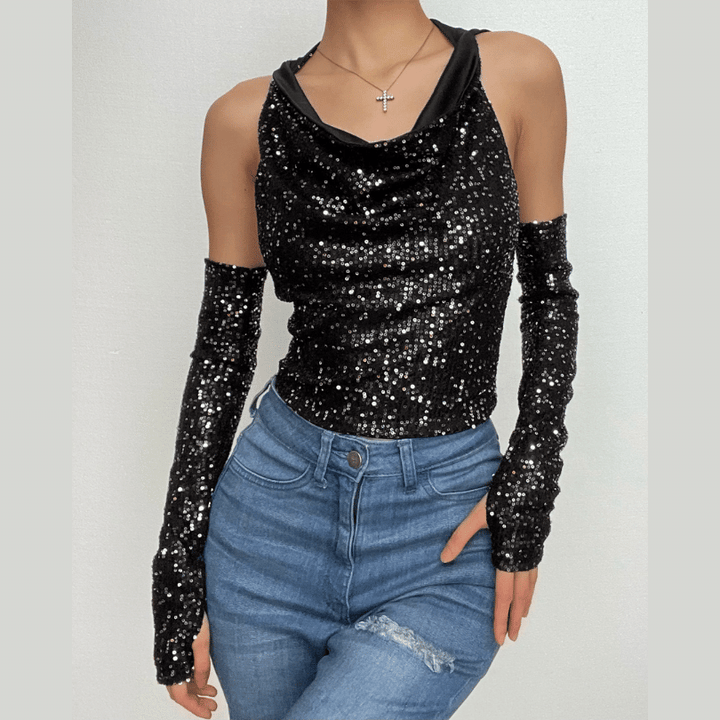 Glitter cowl neck hoodie gloves backless halter crop top  | Festival Outfits Women