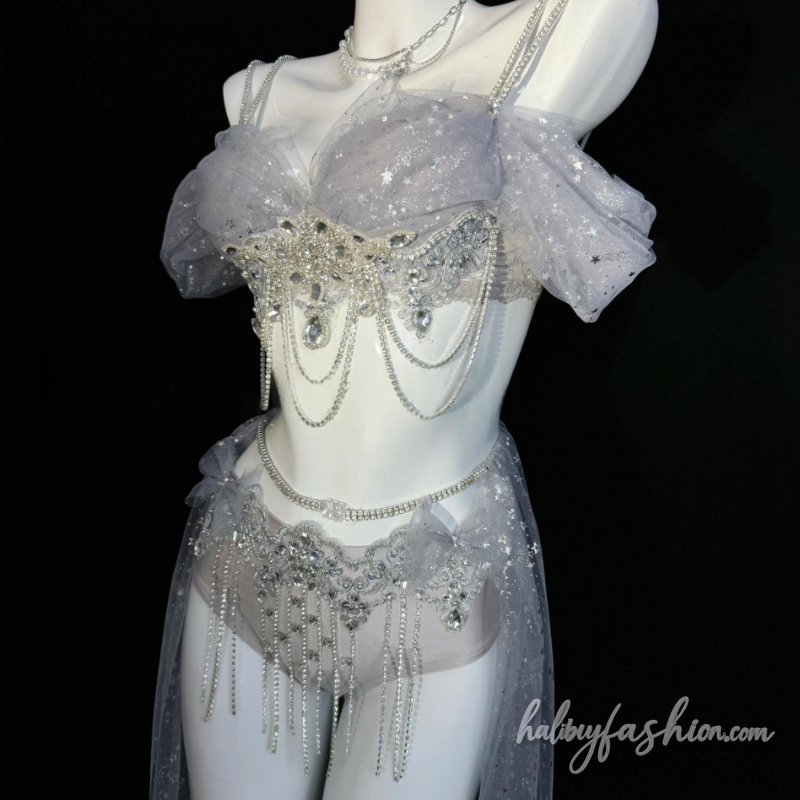 Glitter tassels mesh beaded cami pant set