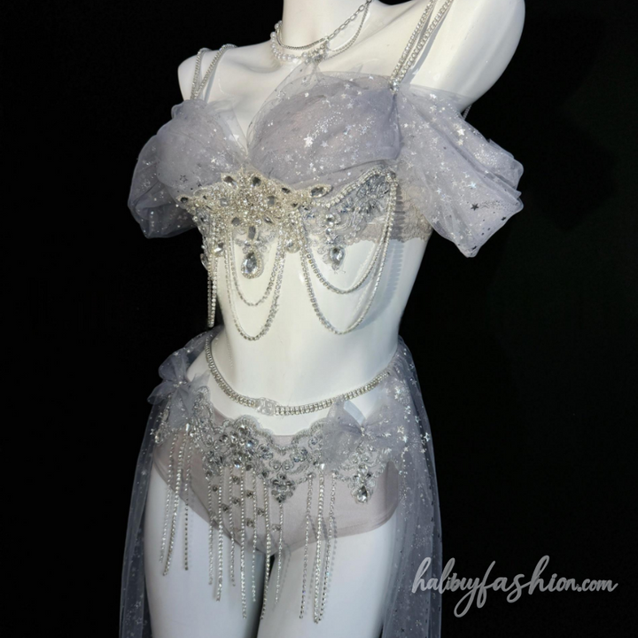 Glitter tassels mesh beaded cami pant set