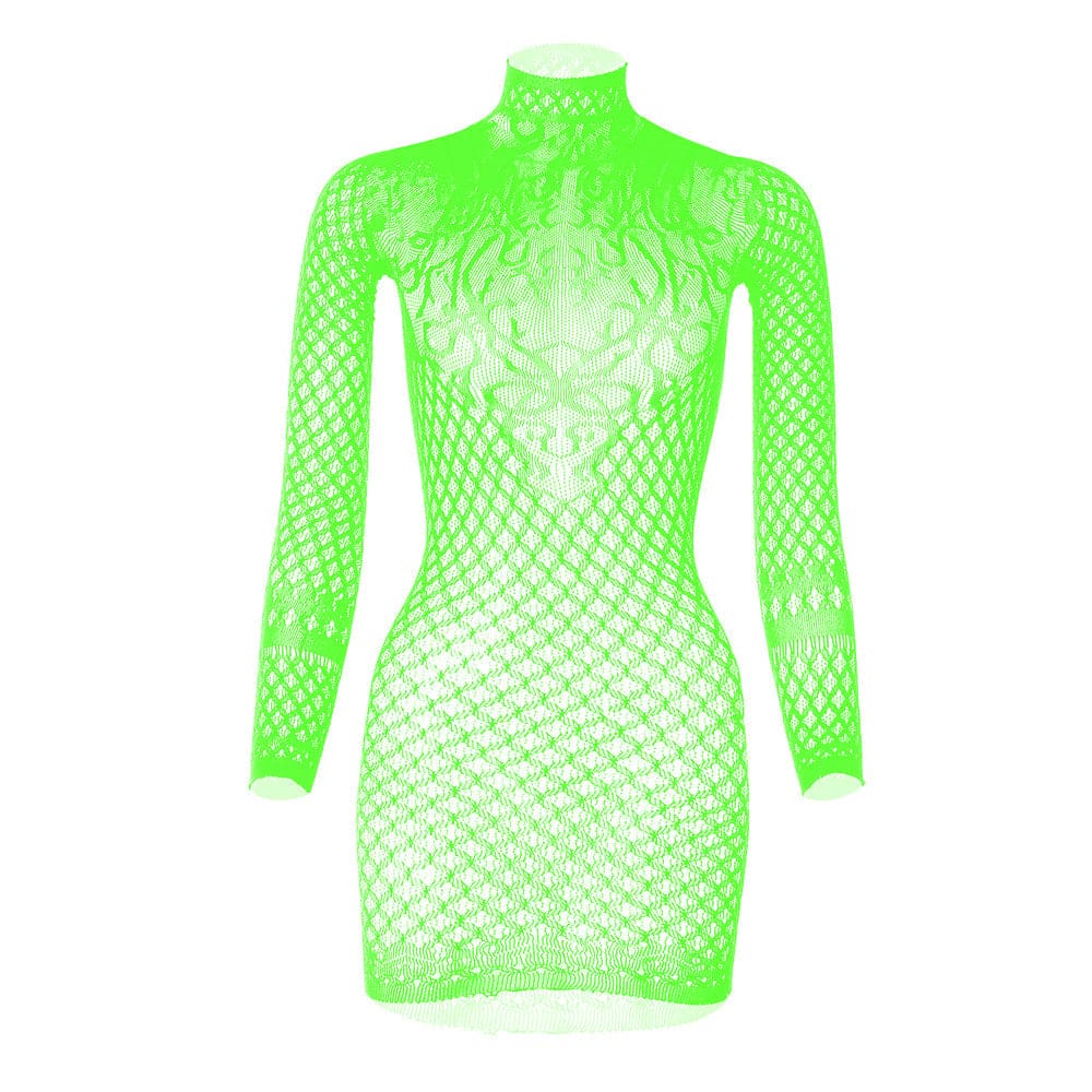 Long sleeve high neck net backless mini dress  | Festival Outfits Women