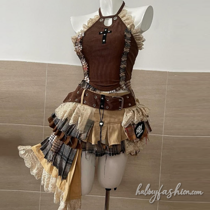 Irregular lace hem plaid patchwork hollow out mini skirt set - Halibuy - 3