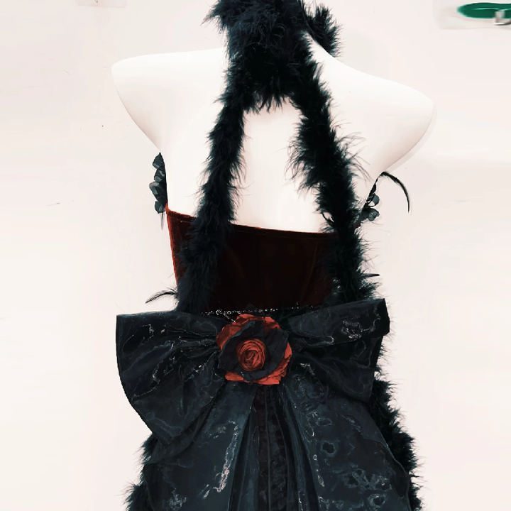 Halter feather flower applique bowknot ruffle maxi dress  | Festival Outfits Women