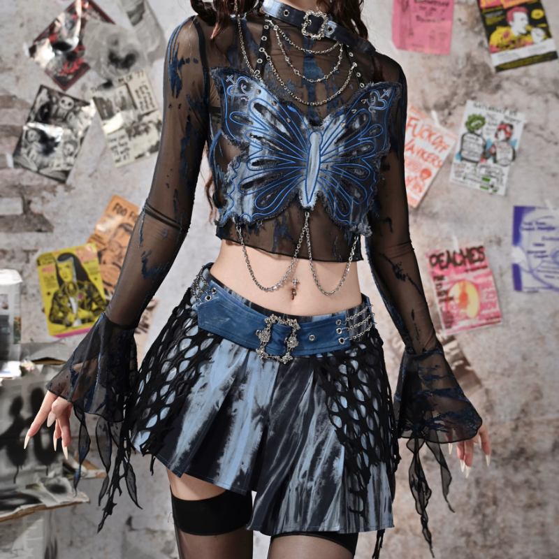 Pleated irregular A line denim metal chain mini skirt