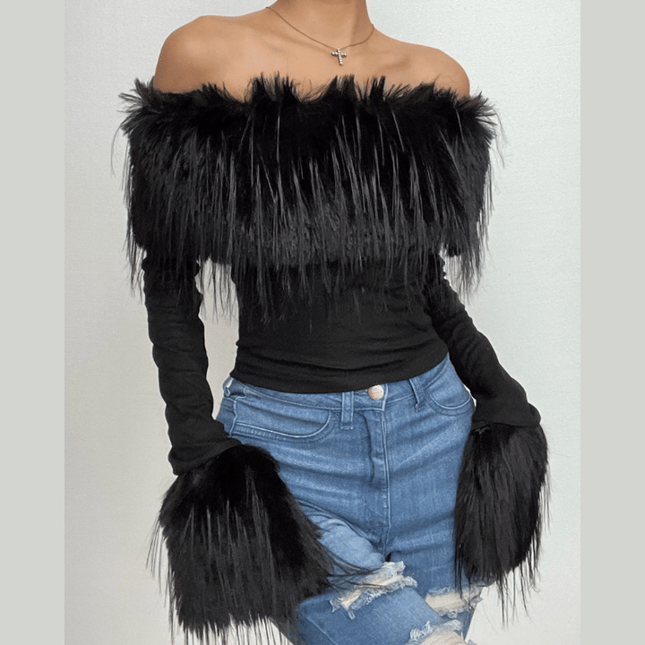 Furry patchwork off shoulder long sleeve solid top  | Festival Outfits Women