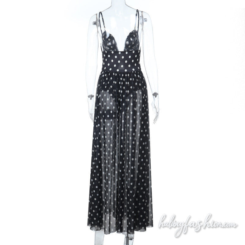 Polka dot hollow out ruched mesh cami maxi dress