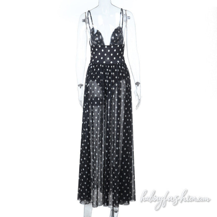 Polka dot hollow out ruched mesh cami maxi dress