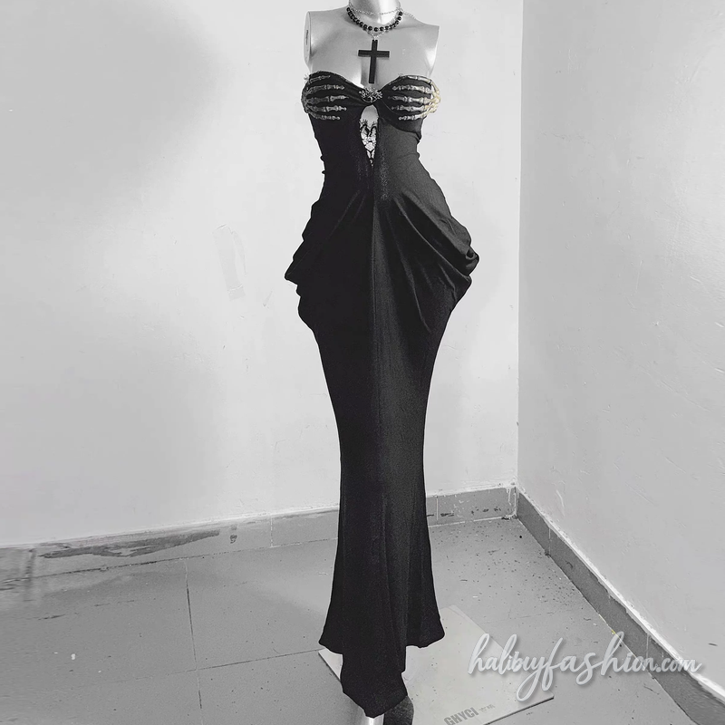 Lace hem ruched backless solid tube maxi dress