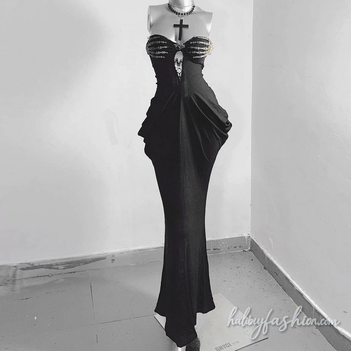 Lace hem ruched backless solid tube maxi dress