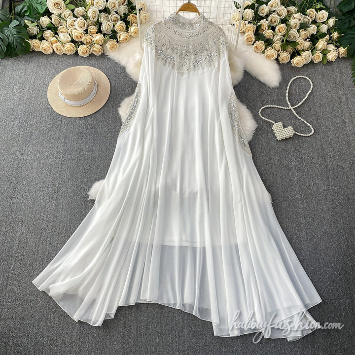 Glitter button crewneck beaded maxi dress