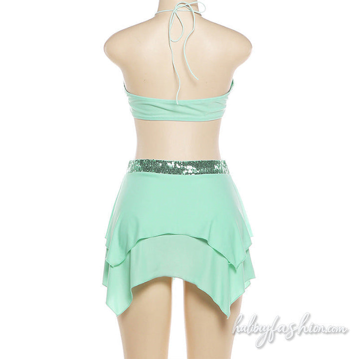 Glitter hollow out halter self tie mini dress