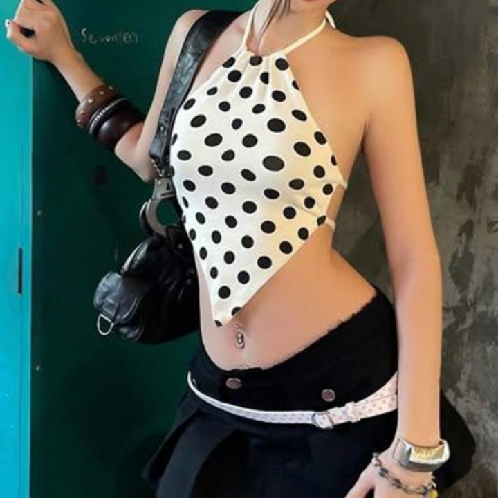 Polka dot halter self tie backless contrast top  | Festival Outfits Women