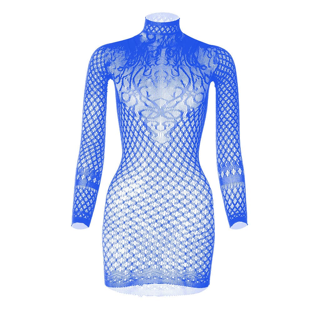 Long sleeve high neck net backless mini dress  | Festival Outfits Women