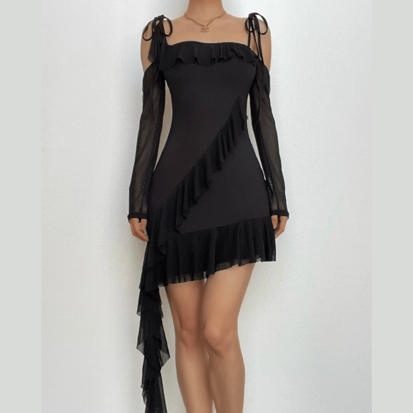 Ruffle self tie irregular off shoulder mesh long sleeve mini dress