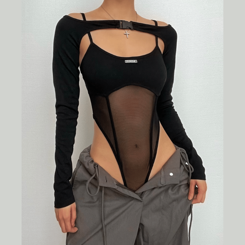 Buckle mesh off shoulder long sleeve solid shrug 2 piece bodysuit  | Festival Outfits Women