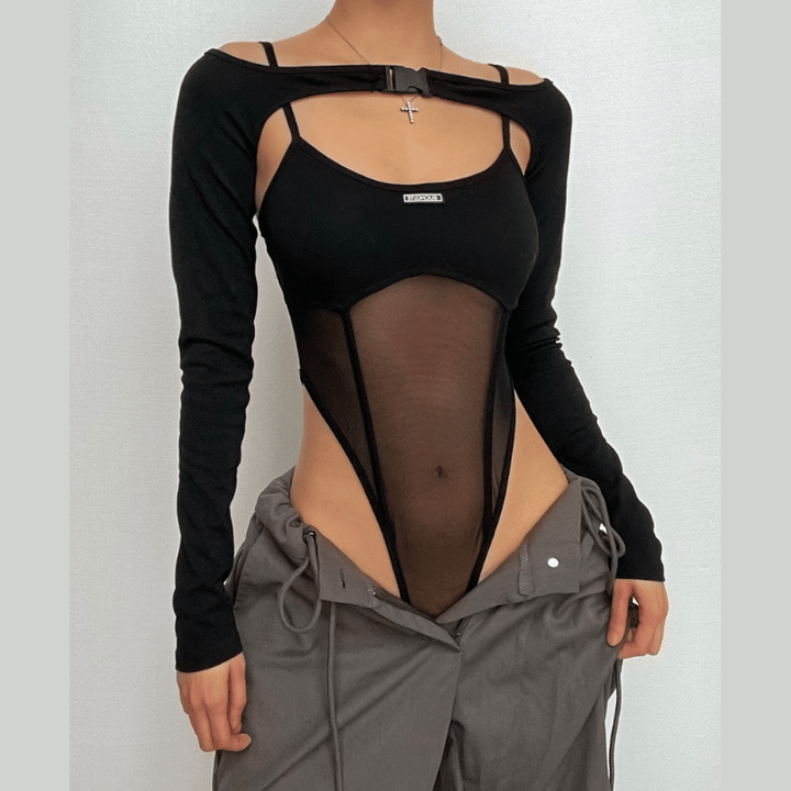 Buckle mesh off shoulder long sleeve solid shrug 2 piece bodysuit  | Festival Outfits Women