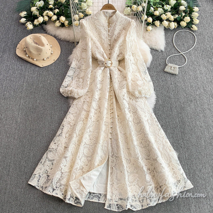 Long sleeve button lace maxi dress