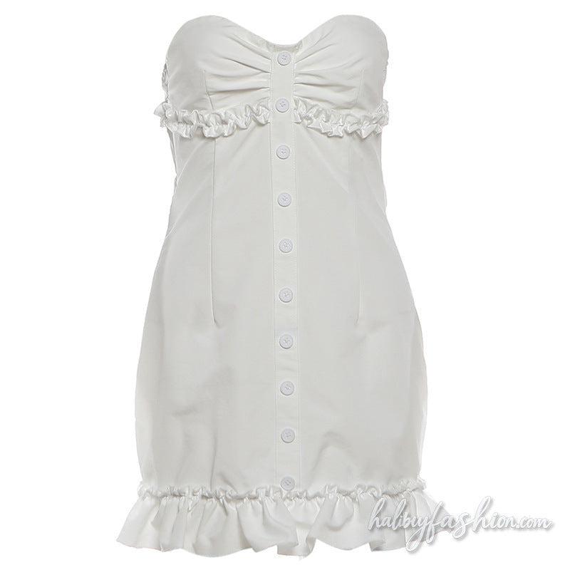 Ruffle ruched button sweetheart neck mini dress