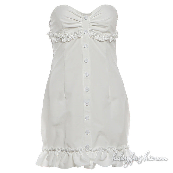 Ruffle ruched button sweetheart neck mini dress