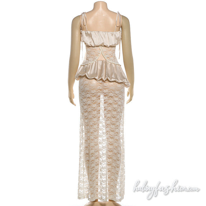 Ruched lace square neck self tie cami maxi skirt set