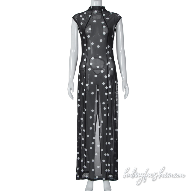 Polka dot slit sheer mesh crewneck mini dress - Halibuy - 2