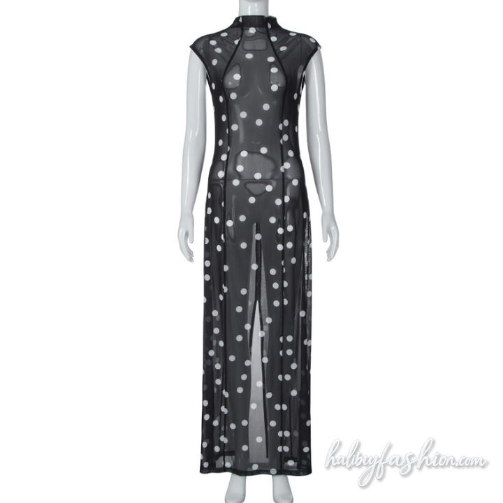 Polka dot slit sheer mesh crewneck mini dress - Halibuy - 2