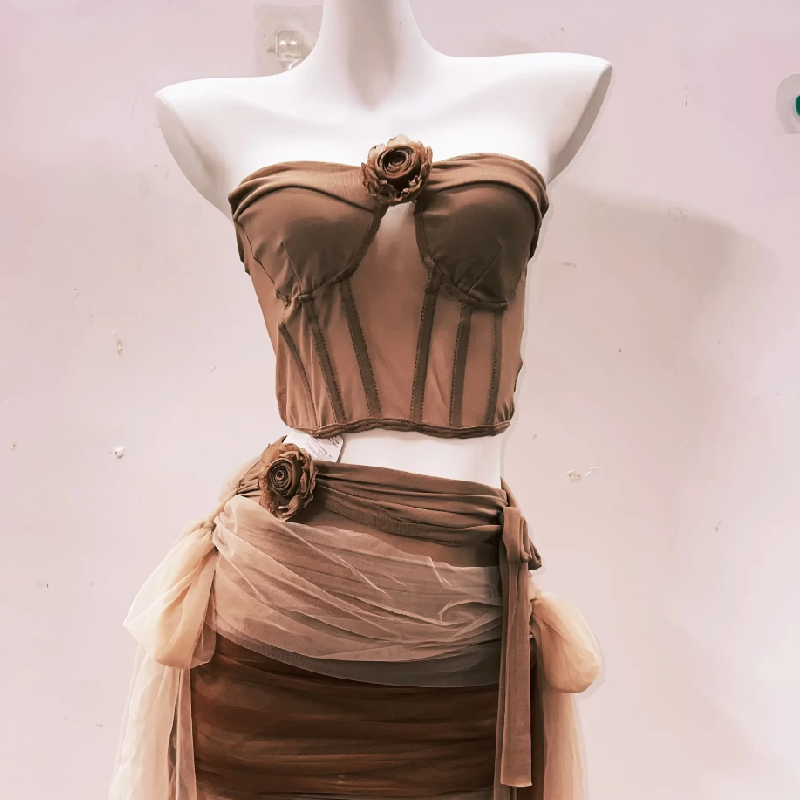 Flower applique ruched mesh knotted mini skirt set  | Festival Outfits Women