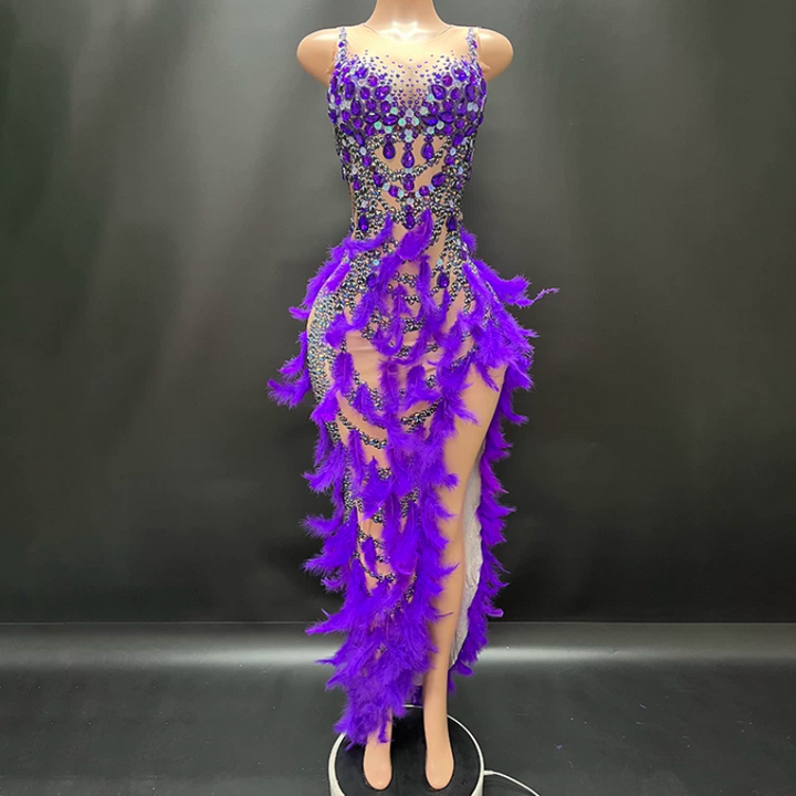 Feather irregular round neck zip-up print midi dress  | Festival Outfits Women